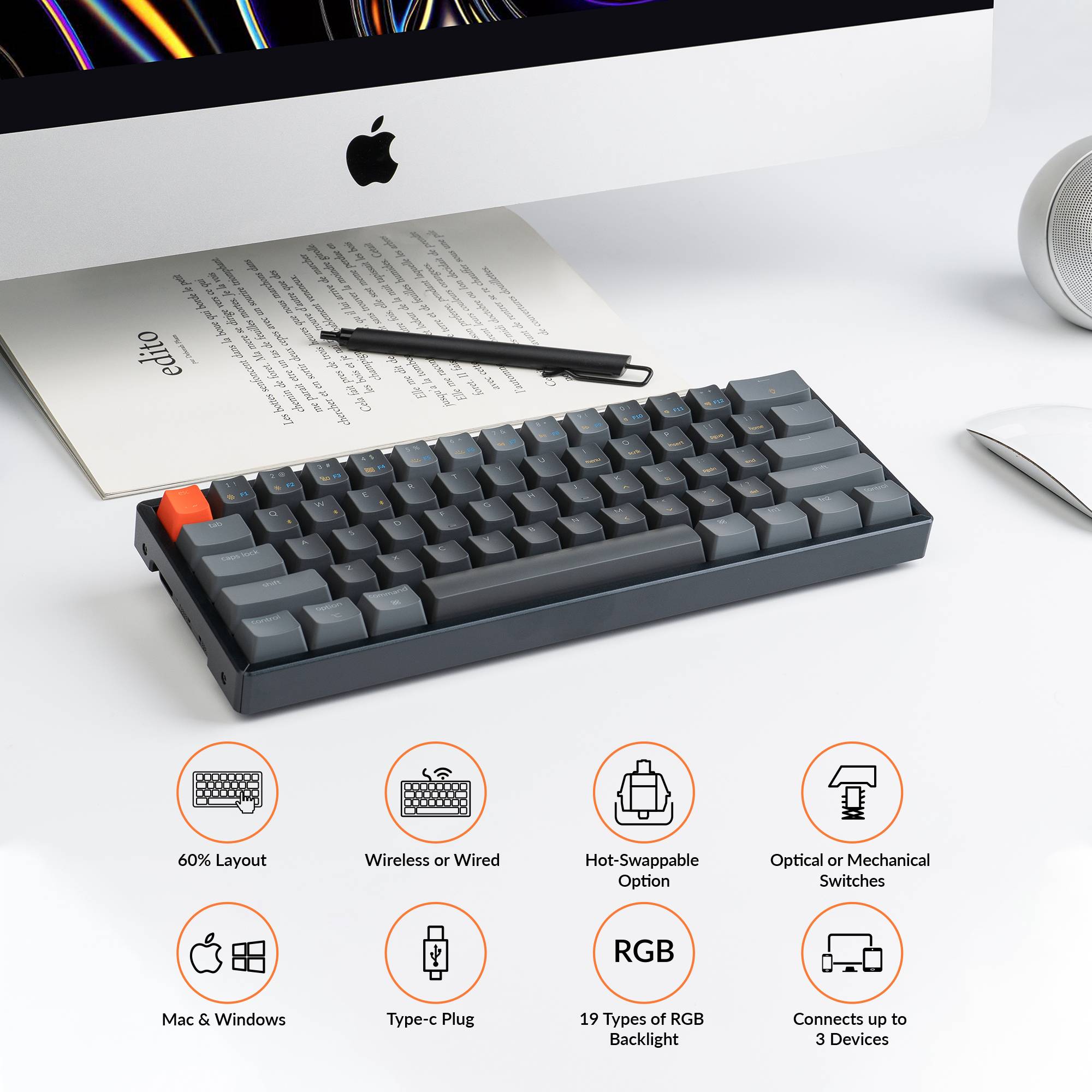 Keychron K12 60% compact hot-swappable wireless mechanical keyboard with aluminum frame for Mac and Windows with White RGB backlight Keychron Lava optical switch and Keychron Mechanical Switch and Gateron Mechanical switch