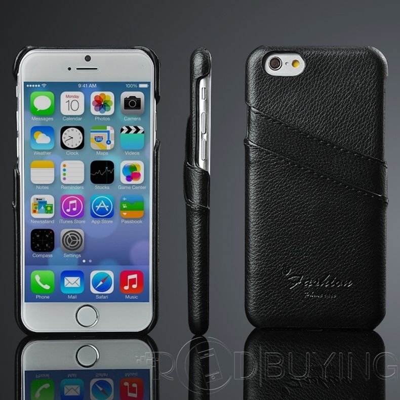 Apple iPhone 6/6S 4.7 Genuine Real Leather Slot Card Back Case Cover Black maks