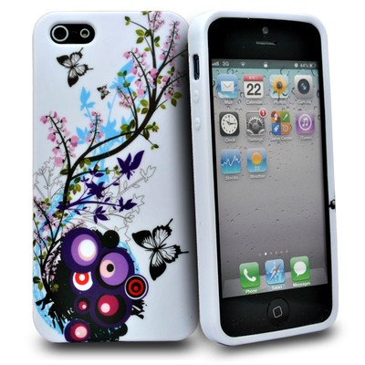 Apple iPhone 5 white butterfly floral pattern design silicone case cover bumper maks