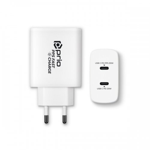 Prio ātrais tīkla lādēājs 30W PD USB C + 20W PD USB C balts