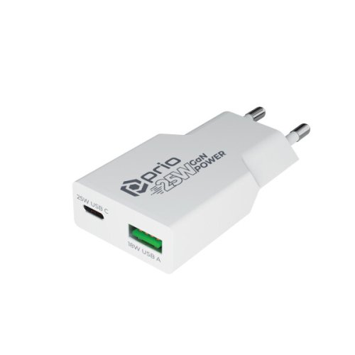 Prio SLIM Charger GaN POWER 25W PD PPS (USB C)+ QC 3.0 (USB A) white