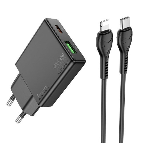 Hoco N38 slim charger USB A+ USB C with Type C to Lightning cable PD QC3.0 0.3A 20W black