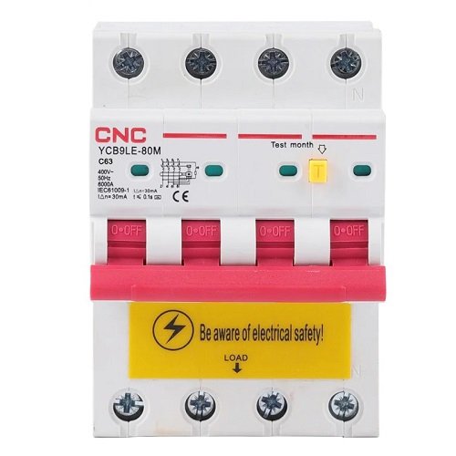CNC Residual Current Breaker with Over-Current, 4P, 63A, class C, 30mA, 6kA