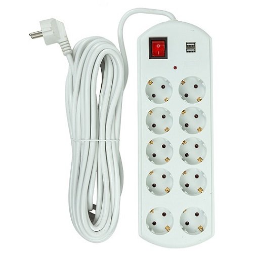 Power plant, llc Extension cord 10m, 10 sockets, 2x USB, with switch