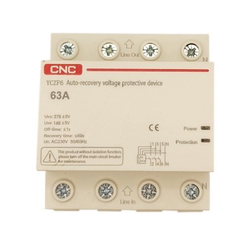 CNC Self-Recovery Overvoltage and Undervoltage Protector, 3P+N, 63A, 230V