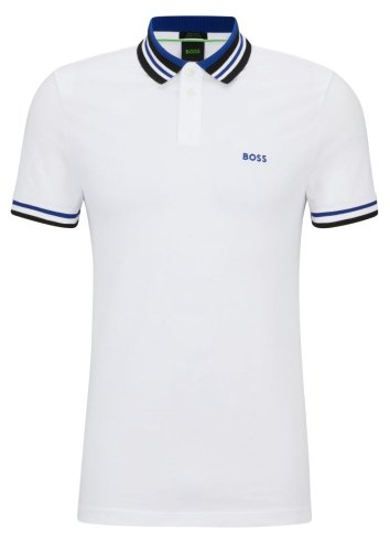 Boss Cotton-Piqu&eacute; Polo Shirt With Ribbed Striped Trims - white