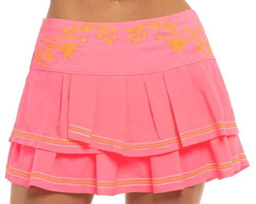 Lucky in love Embroidery Floral Stitch Pleat Tier Skirt - neon pink