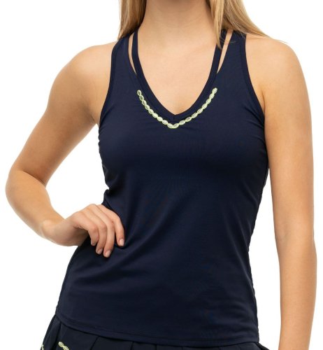 Lucky in love Laser Embroidered Performance Apparel Lurex V-neck Cutout Tank - midnight