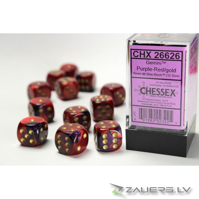Chessex Gemini 16mm d6 with pips Dice Blocks (12 Dice) - Purple-Red/gold